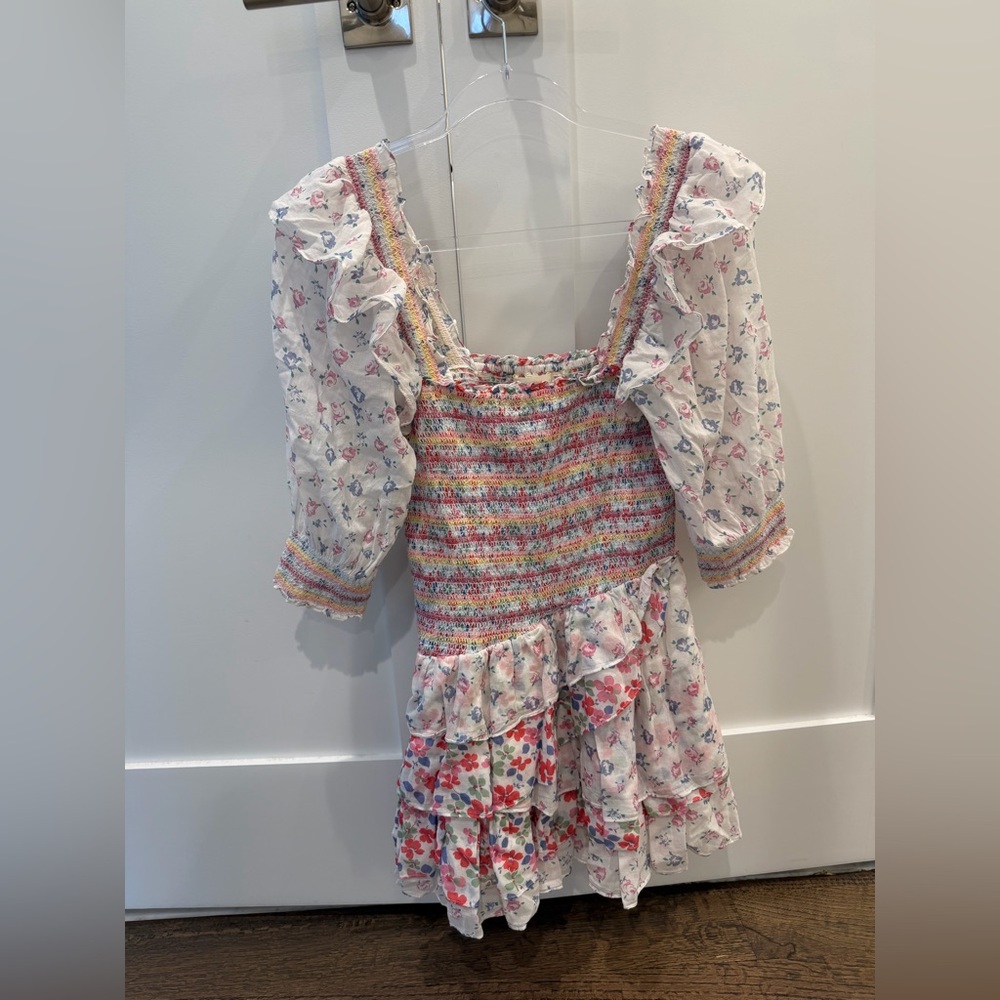 LoveShackFancy Multicolor Smocked Floral Asymmetrical Ruffle Mini Dress - Picture 3 of 9